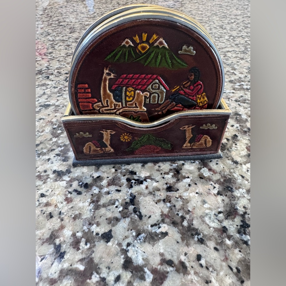 Peru Handcrafted Ceramic Coaster Set with Holder